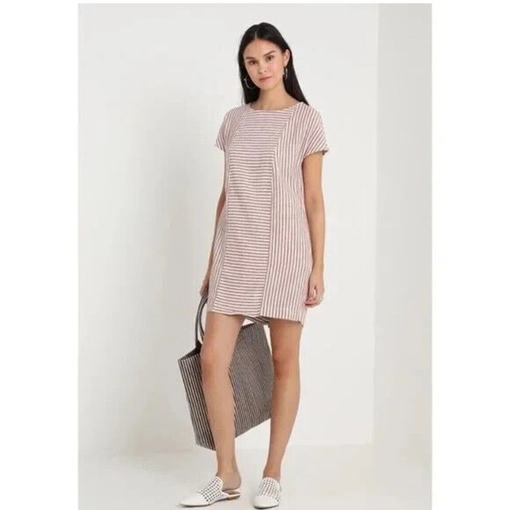 Madewell Pink‎ White Striped Button Back Linen Blend Shift Dress L8520 Large